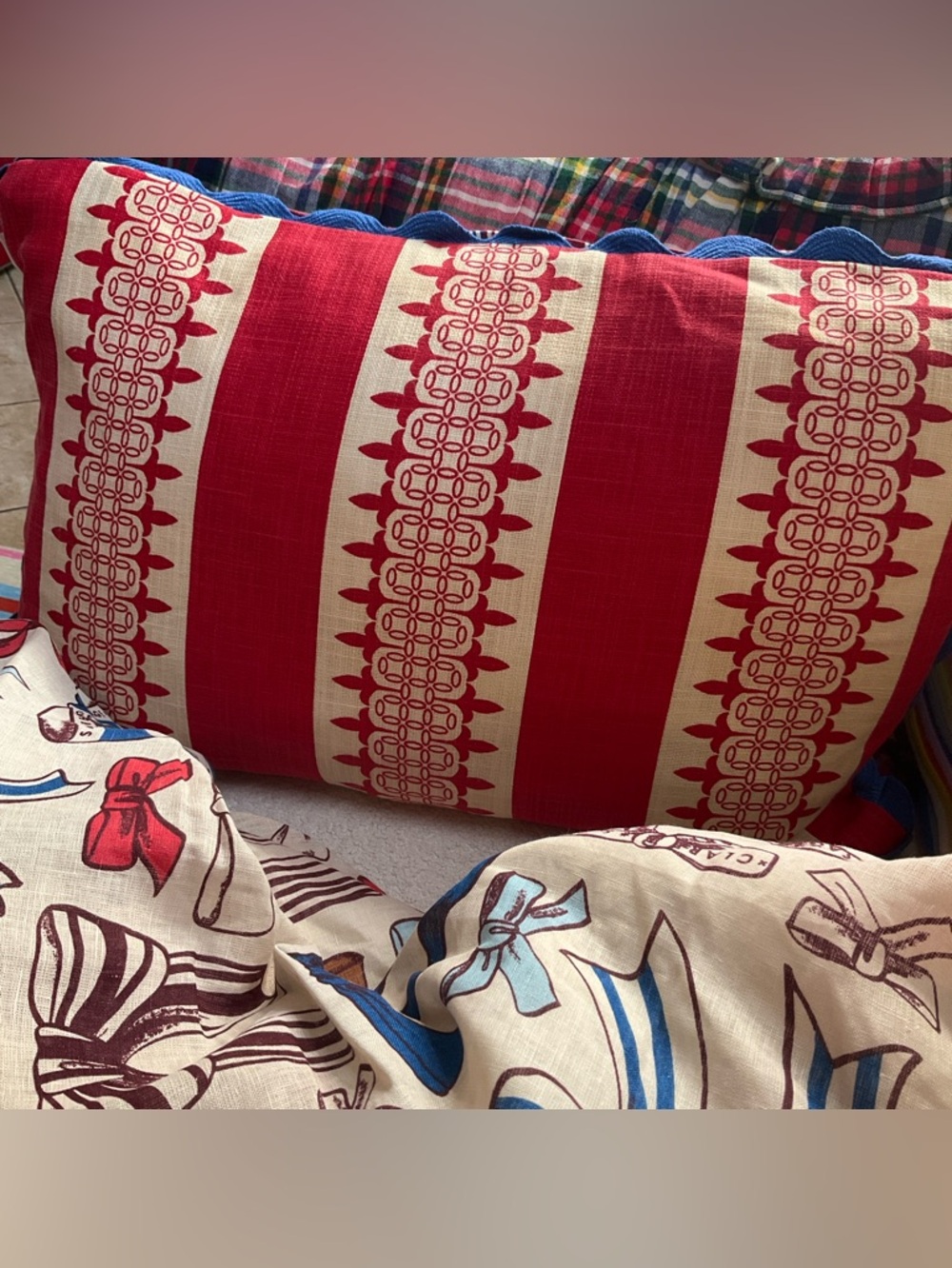 Sage and Clare.Blue & Red Cover, Patterned Reverses to Bold Red & White Design.